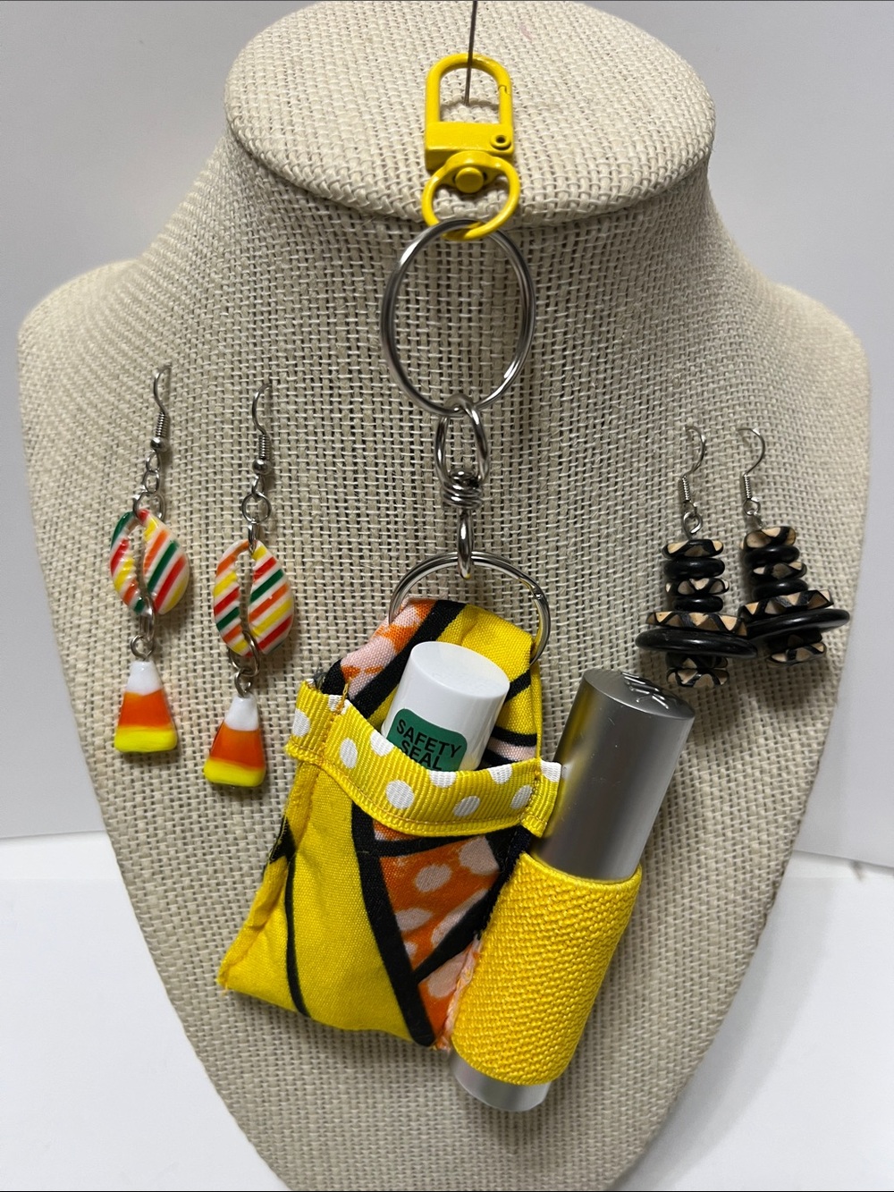 Gift Set Double Lip Balm Holder Keychain Purse Charm  Candy Corn 2 pr earrings.
